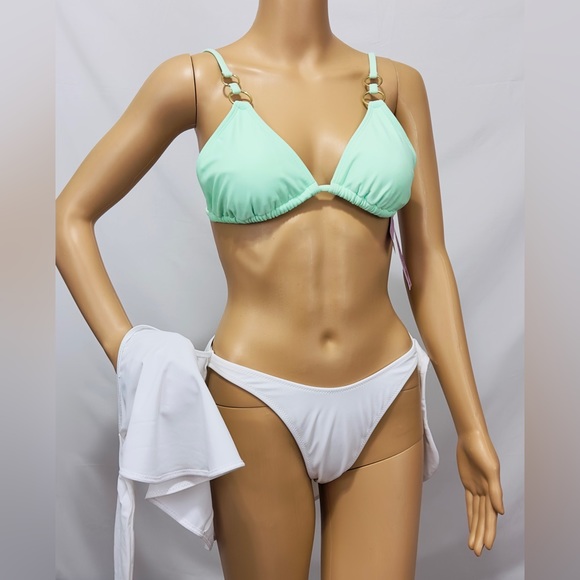 Wild fable Mint Green Triangle Bikini Top Gold Ring Accents on Shoulder … - Picture 7 of 10